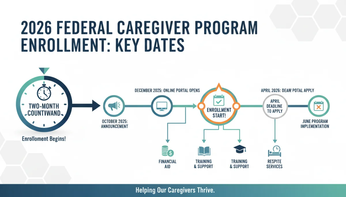 Infographic detailing 2026 federal caregiver program enrollment timeline and benefits.