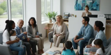 Diverse individuals in a legal aid office reception area in 2026.