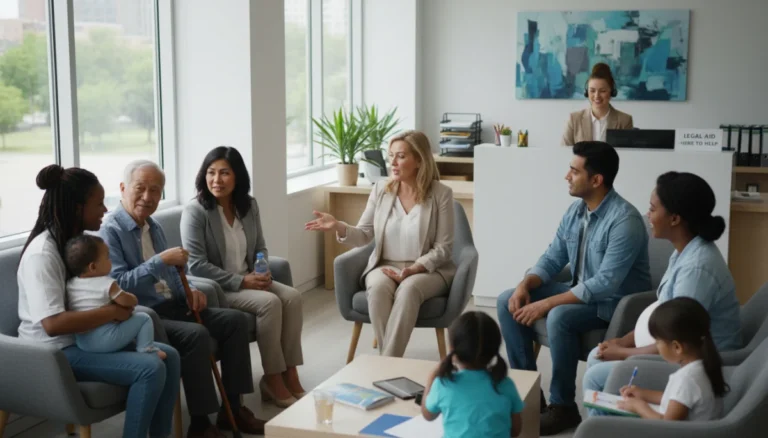 Diverse individuals in a legal aid office reception area in 2026.