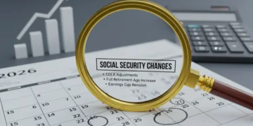 Calendar 2026 highlighting Social Security changes with a magnifying glass and financial growth symbols.