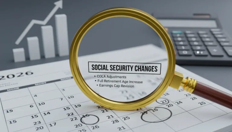 Calendar 2026 highlighting Social Security changes with a magnifying glass and financial growth symbols.