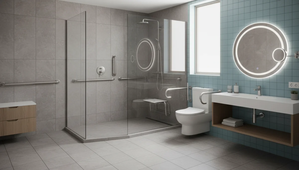 Accessible bathroom with roll-in shower and grab bars