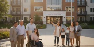 Diverse community looking at affordable housing complex with hope