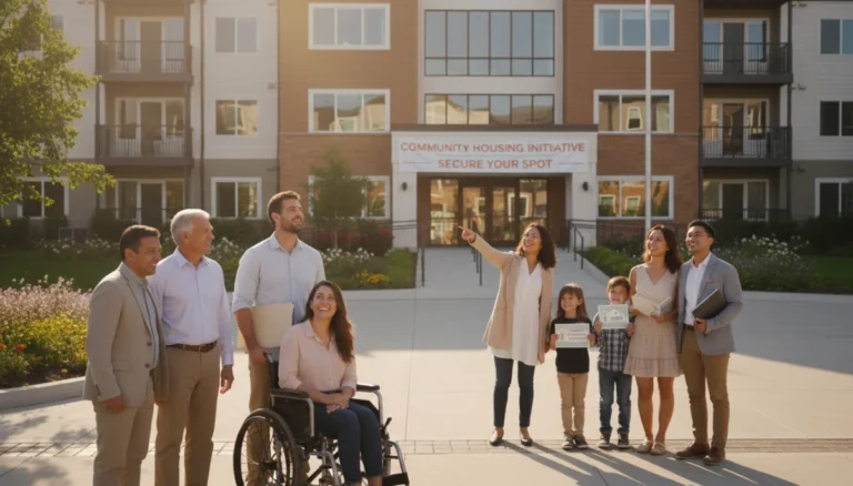 Diverse community looking at affordable housing complex with hope