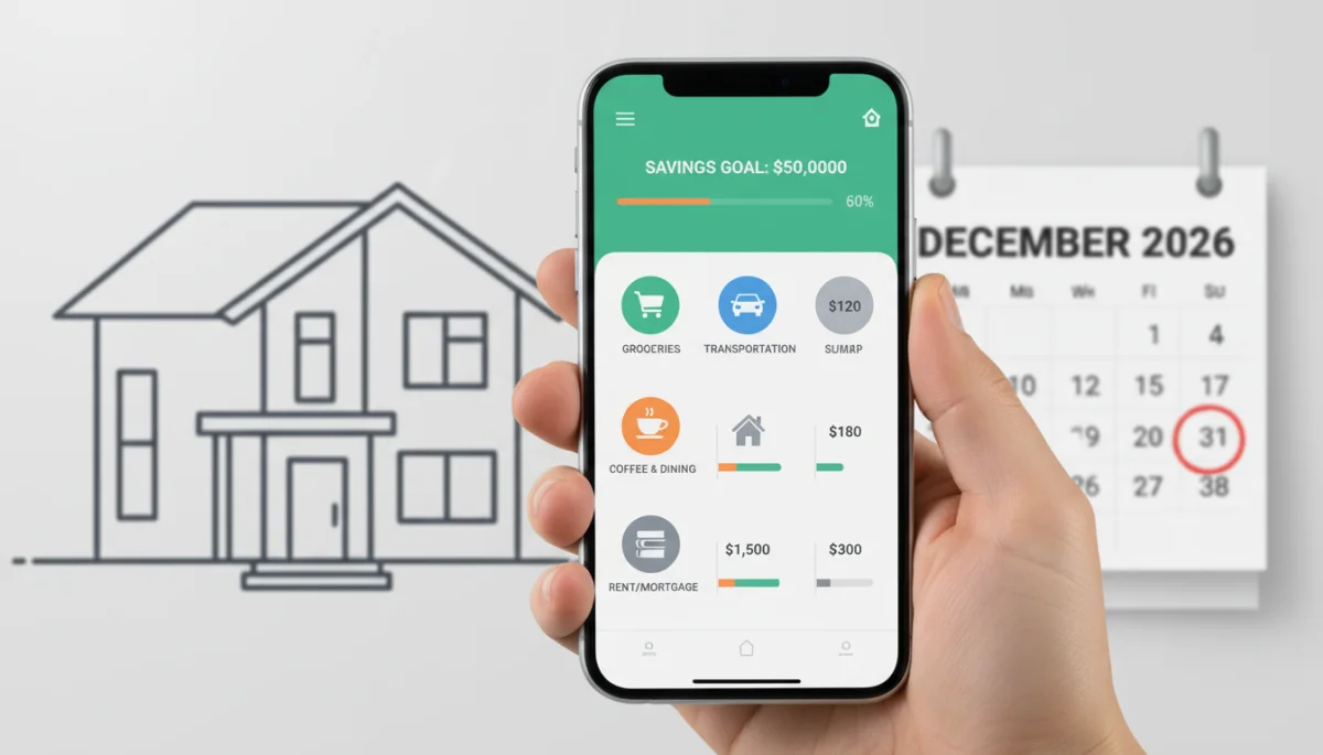Hand holding smartphone with budgeting app, showing expense tracking and savings goals.