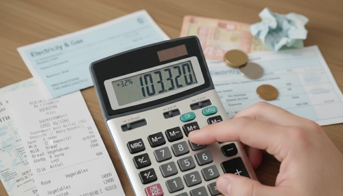 Hand holding calculator showing 3.2% increase, with household expenses in background.