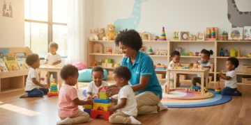 Children playing in a modern childcare center with a smiling caregiver