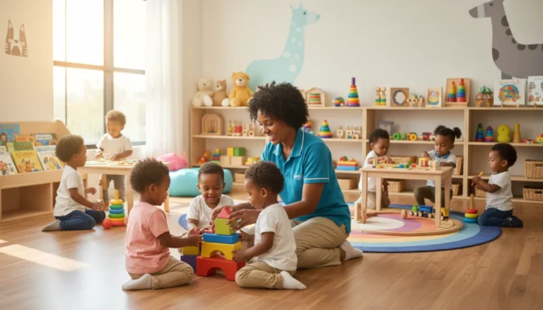 Children playing in a modern childcare center with a smiling caregiver