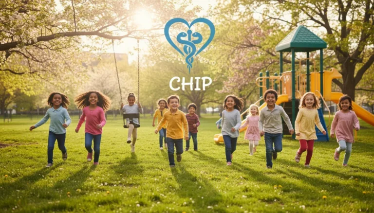 Happy children playing outdoors, symbolizing health and well-being supported by the CHIP program.