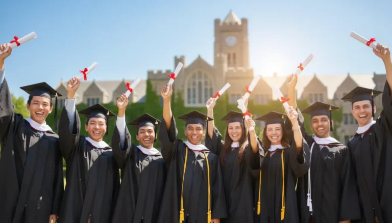 College graduates celebrating with diplomas on a university campus