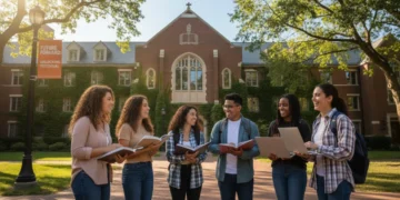Diverse college students on campus, representing higher education opportunity