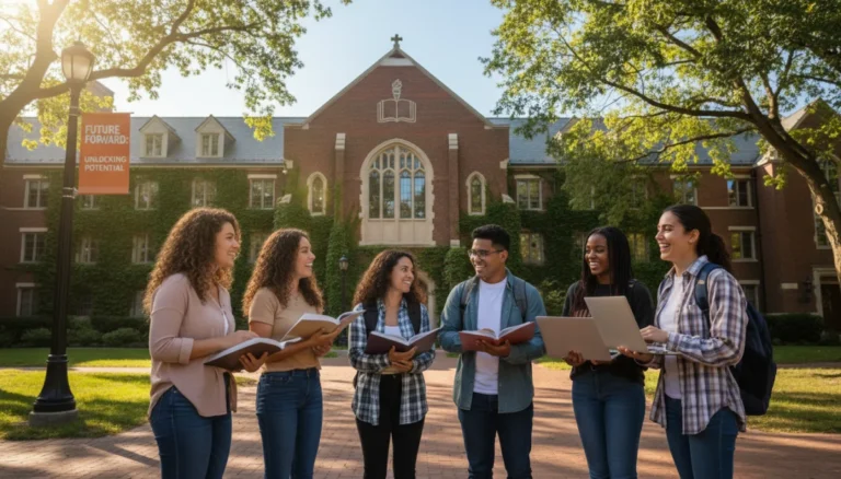 Diverse college students on campus, representing higher education opportunity