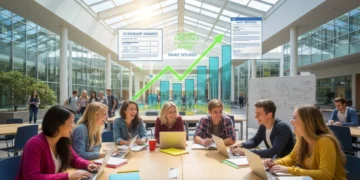 College students studying with financial aid forms and grant symbols.