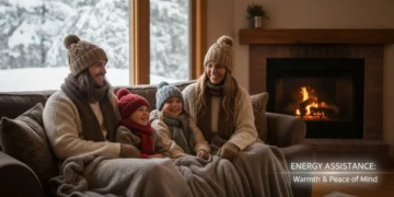 Family cozy in warm home, winter outside, relieved by heating assistance.