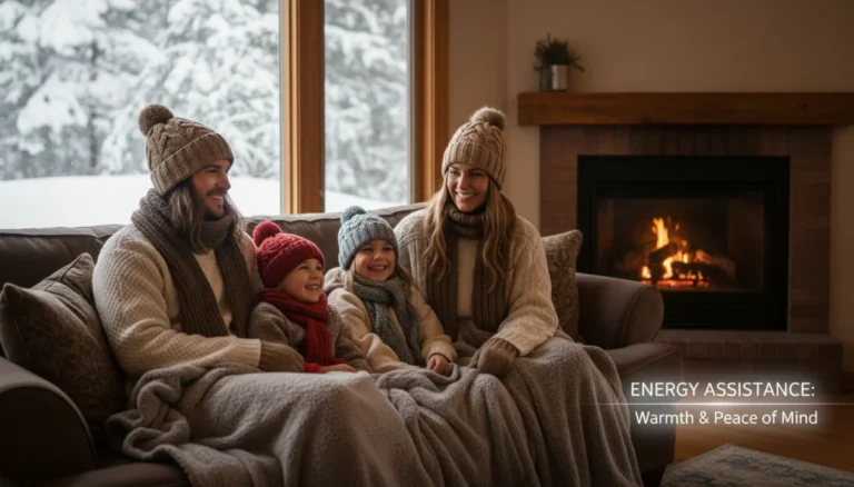 Family cozy in warm home, winter outside, relieved by heating assistance.