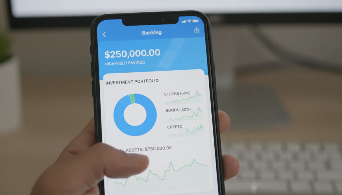 Digital banking app showing high-yield savings and investment portfolio