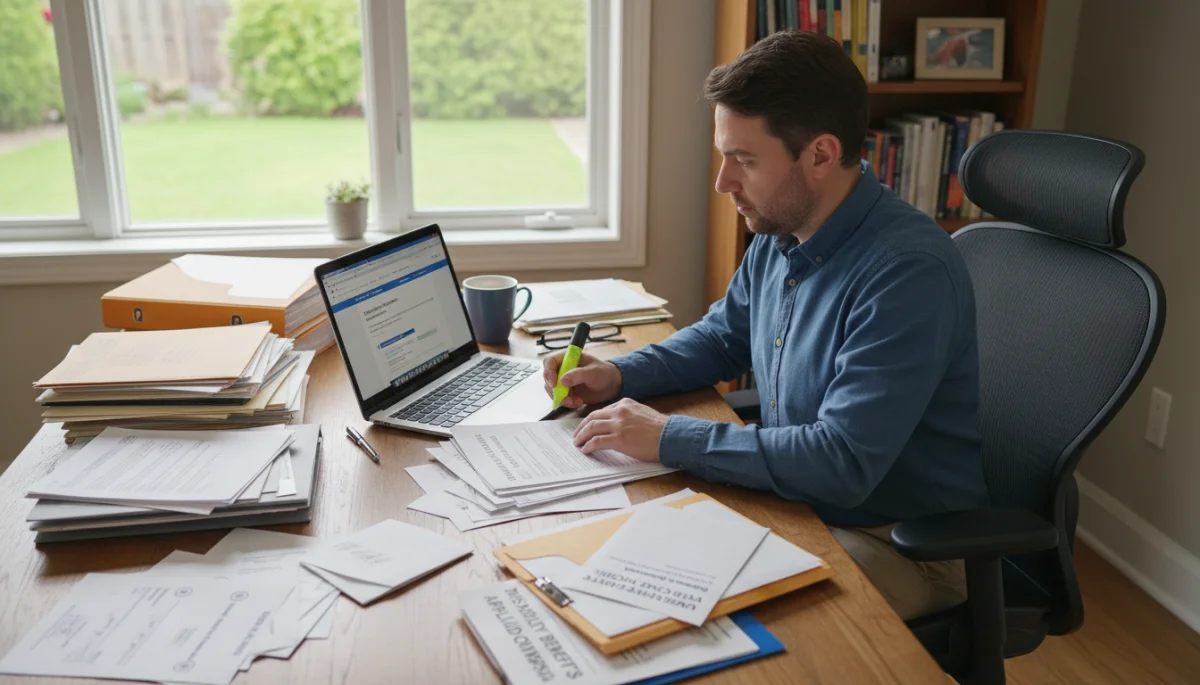 Individual reviewing federal disability program application documents at home.