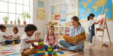 Diverse children learning in a modern early childhood classroom