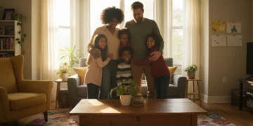 Loving diverse family embracing in their home, symbolizing successful adoption.