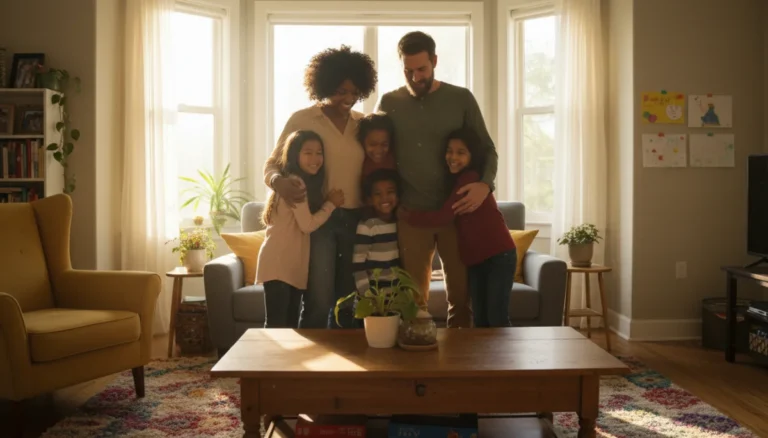 Loving diverse family embracing in their home, symbolizing successful adoption.