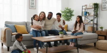 Diverse family, including foster parents and children, smiling in a welcoming home.