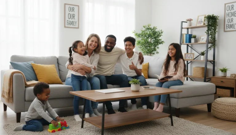 Diverse family, including foster parents and children, smiling in a welcoming home.