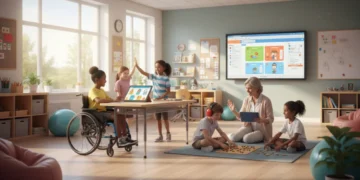 Diverse students and teacher in modern inclusive classroom