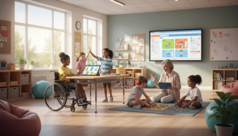 Diverse students and teacher in modern inclusive classroom