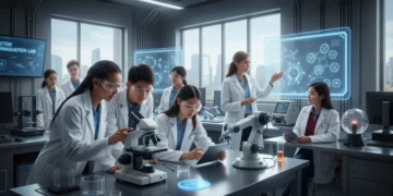 Diverse students in a modern STEM lab with a teacher