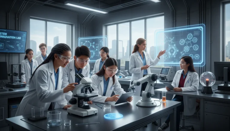Diverse students in a modern STEM lab with a teacher