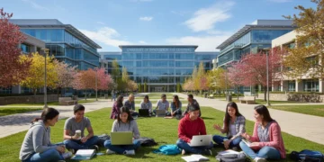 Diverse students on a modern university campus discussing higher education policy changes