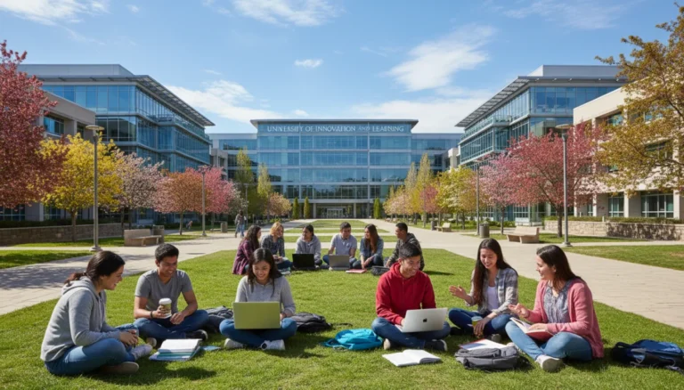 Diverse students on a modern university campus discussing higher education policy changes