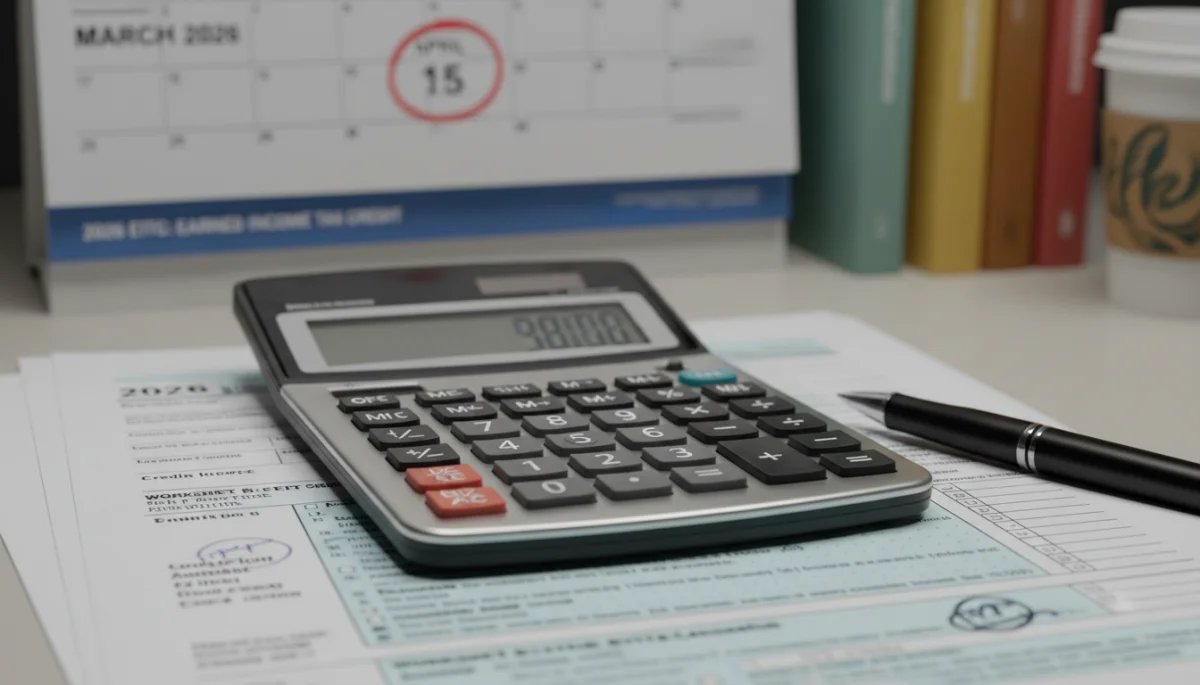 Calculator and pen on tax forms, illustrating EITC calculation