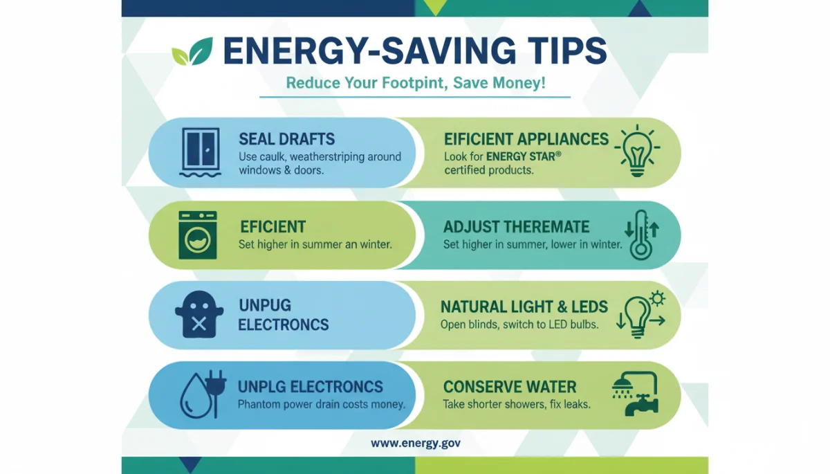 Infographic displaying energy-saving tips for households to reduce utility bills.