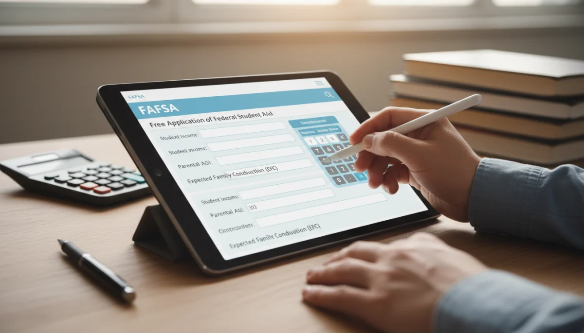 Hands filling out FAFSA form on a tablet with calculator