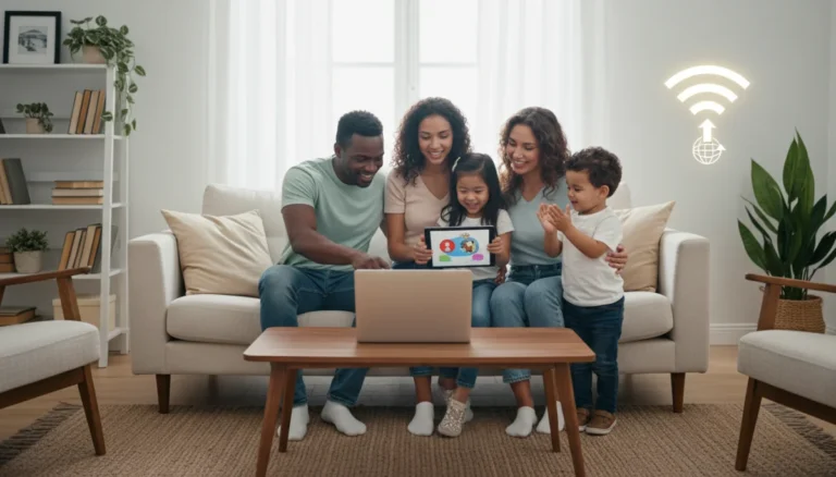 Family enjoying affordable internet at home, connecting through the 2026 Emergency Broadband Benefit.