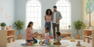 Happy family interacting with childcare provider in a modern childcare center, illustrating new federal childcare subsidies.