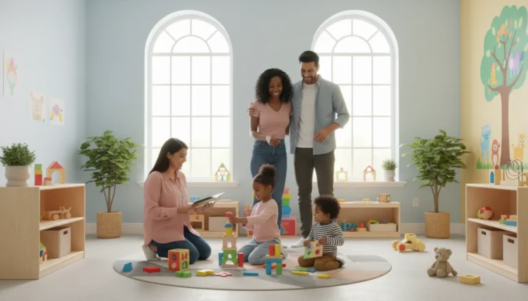 Happy family interacting with childcare provider in a modern childcare center, illustrating new federal childcare subsidies.