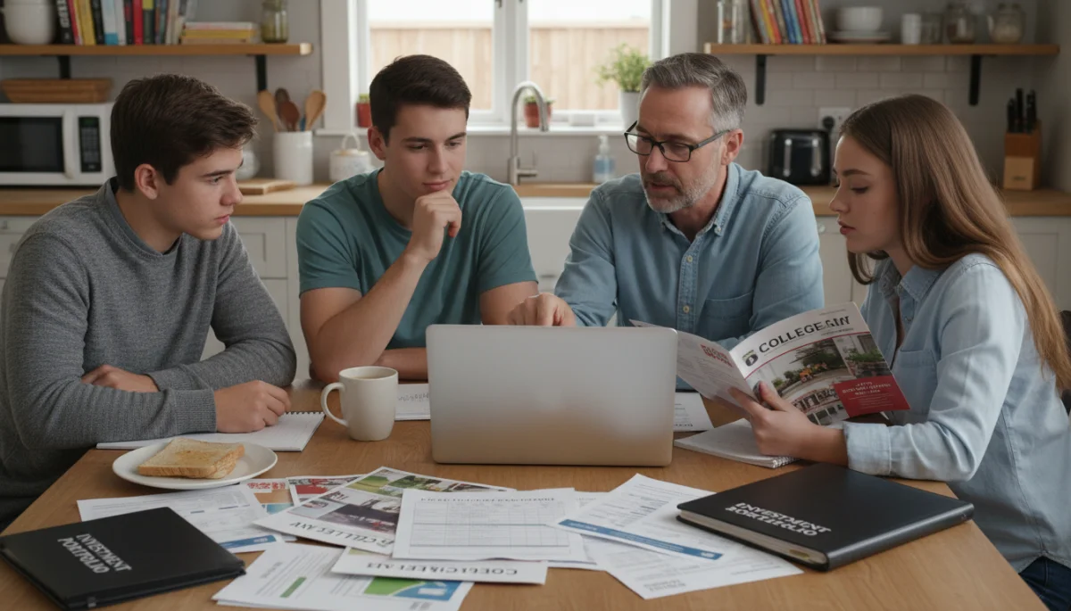 Family discussing college financial aid and planning at kitchen table