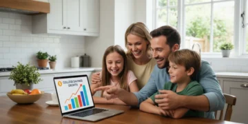 Family discussing college savings plans on a laptop
