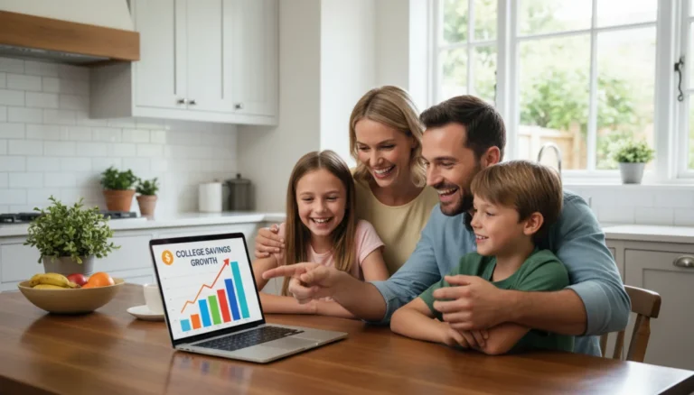 Family discussing college savings plans on a laptop