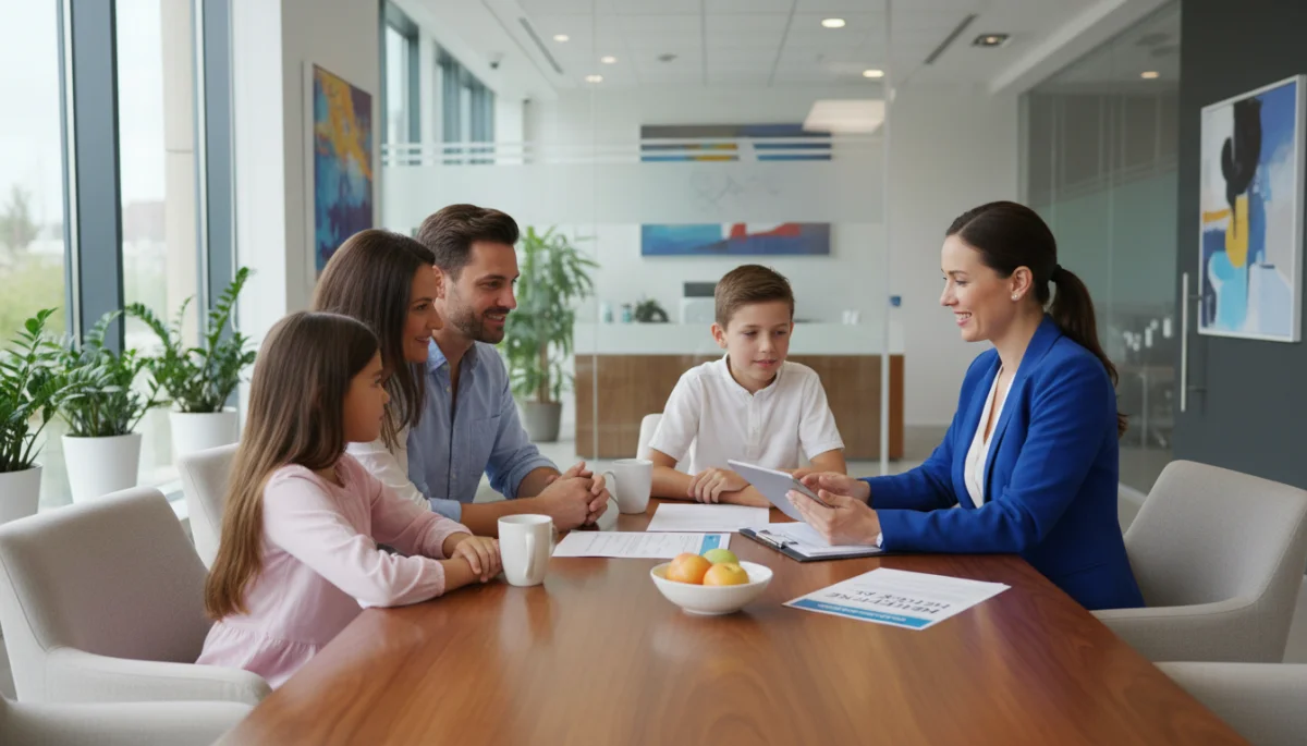 Family consulting with a healthcare professional about child health insurance options.
