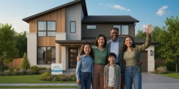Diverse family smiling in front of a stable home, symbolizing federal housing assistance
