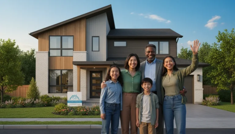 Diverse family smiling in front of a stable home, symbolizing federal housing assistance