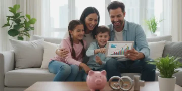 Family reviewing financial health with a tablet, symbolizing HSA planning