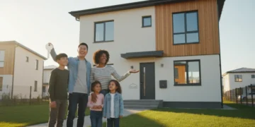 Family happily standing in front of their new home, symbolizing successful housing assistance.