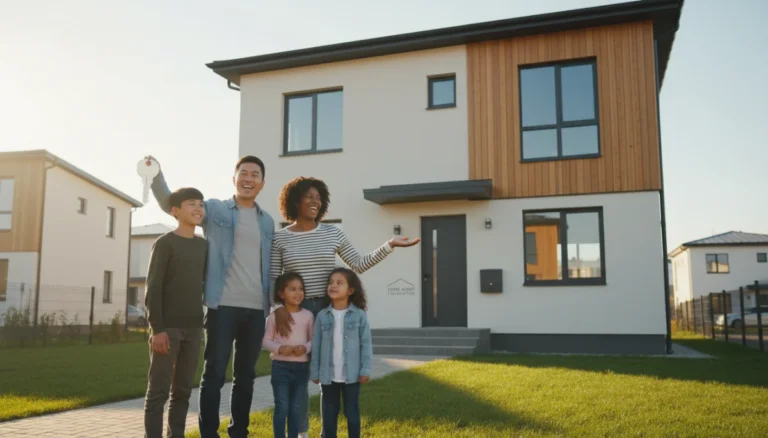 Family happily standing in front of their new home, symbolizing successful housing assistance.