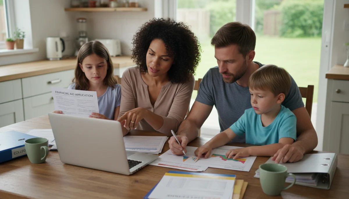 Family reviewing child care grant application documents on a laptop at their kitchen table, illustrating the application process.