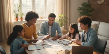 Family reviewing tax documents with a laptop, symbolizing EITC benefits