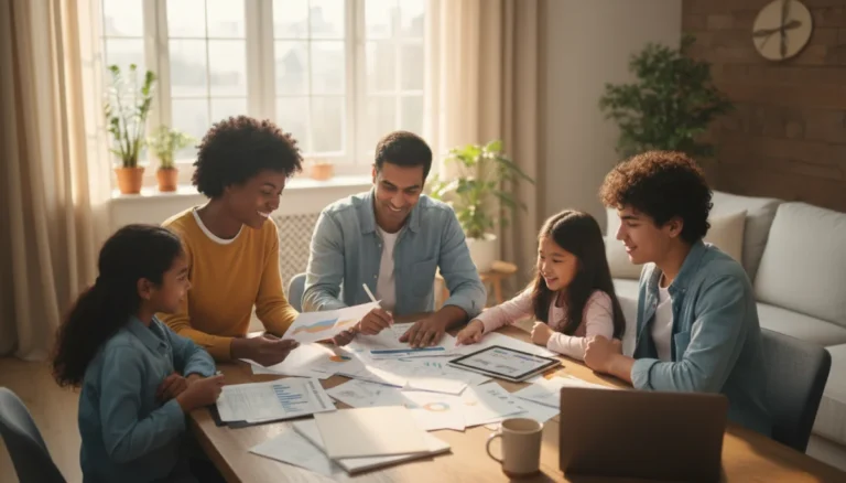 Family reviewing tax documents with a laptop, symbolizing EITC benefits